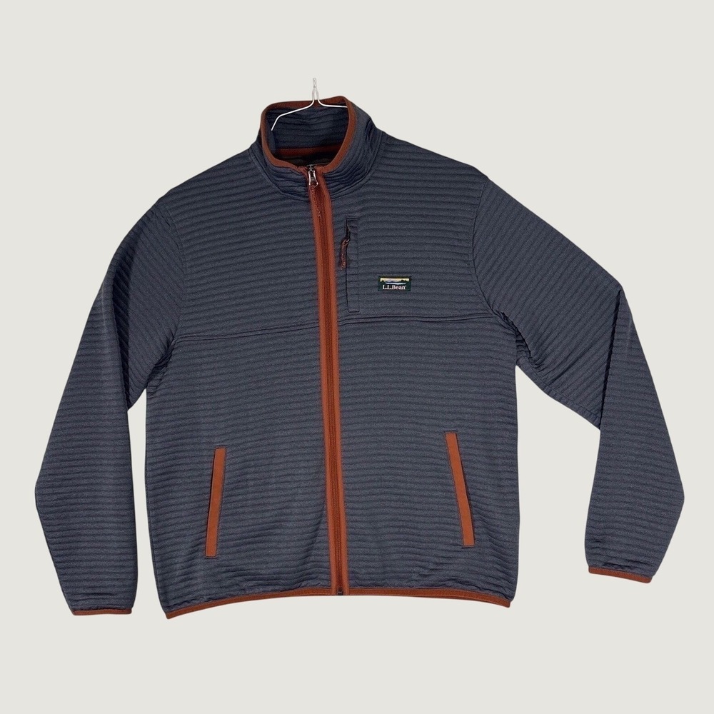 LL Bean Mens Ridge Fleece Full Zip Jacket Gray Orange Trim Large Reg 520414